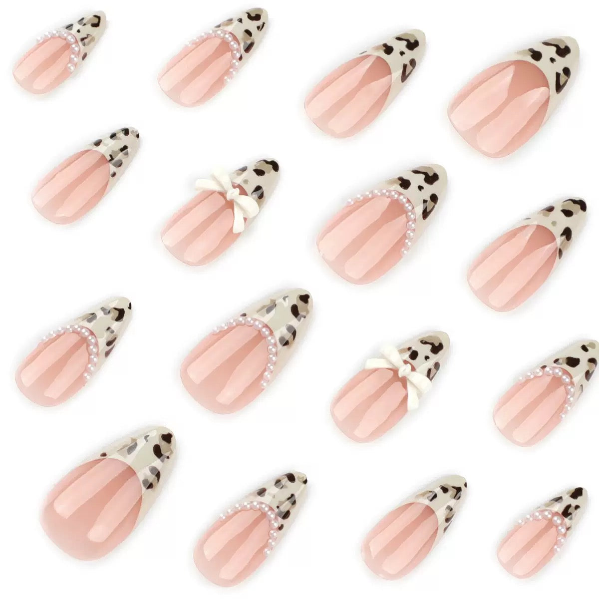 French Chic Girly Leopard Pearl Bow Almond Press-On Nails