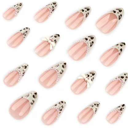 French Chic Girly Leopard Pearl Bow Almond Press-On Nails