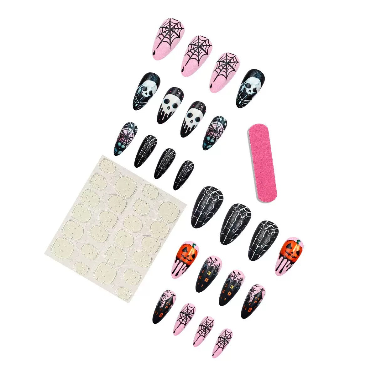 Halloween Pumpkin Skull Spider Web Almond Press-On Nails