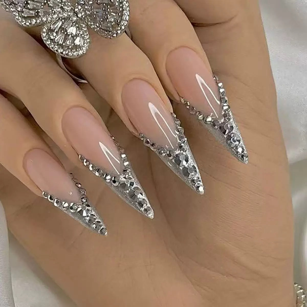 European & American Bridal Nails, French-Style Glitter with Sparkling Rhinestones Finished Press-On Nails