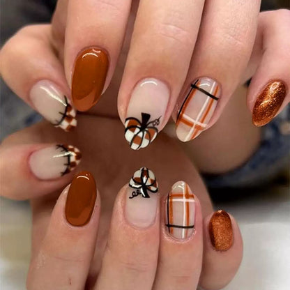 Thanksgiving Plaid Pumpkin Brown Press-On Nails