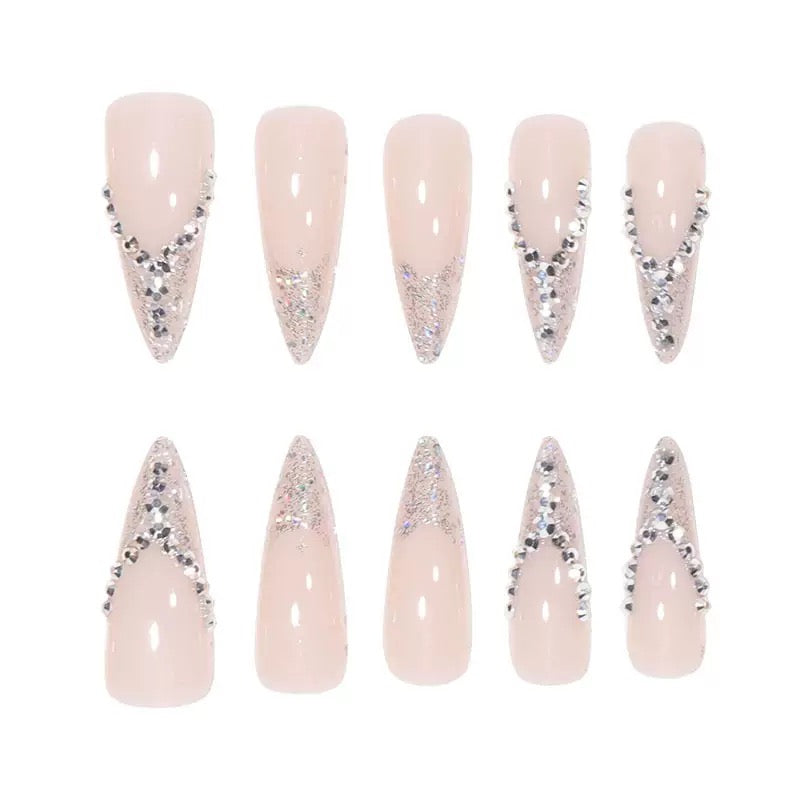 European & American Bridal Nails, French-Style Glitter with Sparkling Rhinestones Finished Press-On Nails