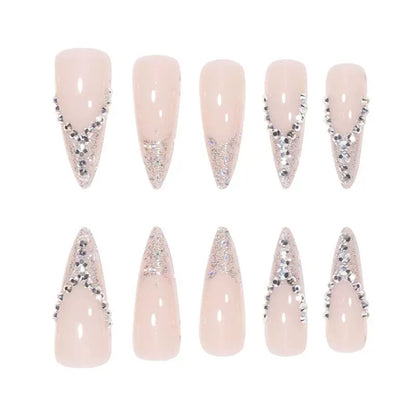 European & American Bridal Nails, French-Style Glitter with Sparkling Rhinestones Finished Press-On Nails