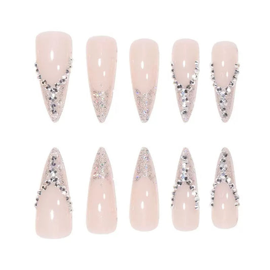 European & American Bridal Nails, French-Style Glitter with Sparkling Rhinestones Finished Press-On Nails