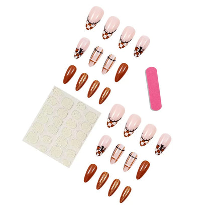 Thanksgiving Plaid Pumpkin Brown Press-On Nails