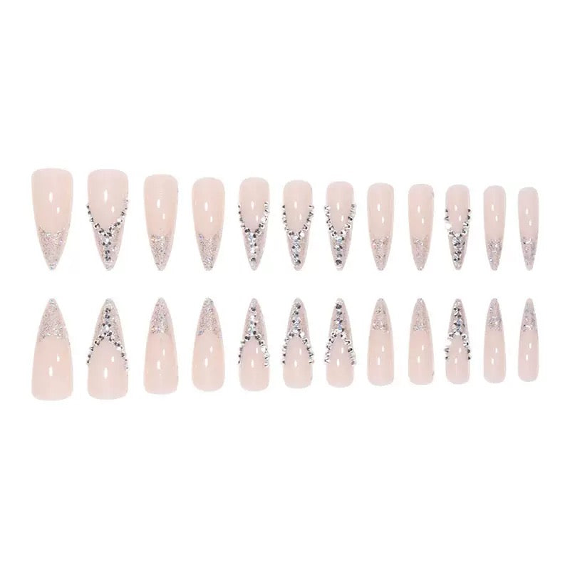 European & American Bridal Nails, French-Style Glitter with Sparkling Rhinestones Finished Press-On Nails
