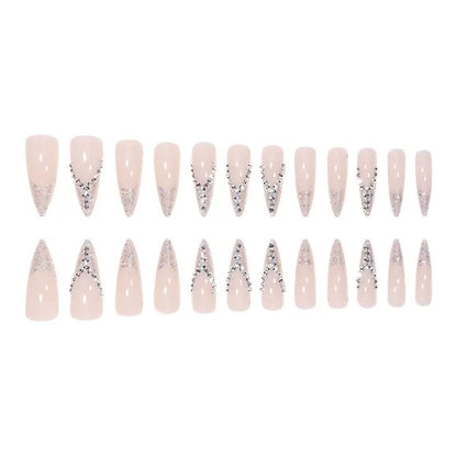 European & American Bridal Nails, French-Style Glitter with Sparkling Rhinestones Finished Press-On Nails