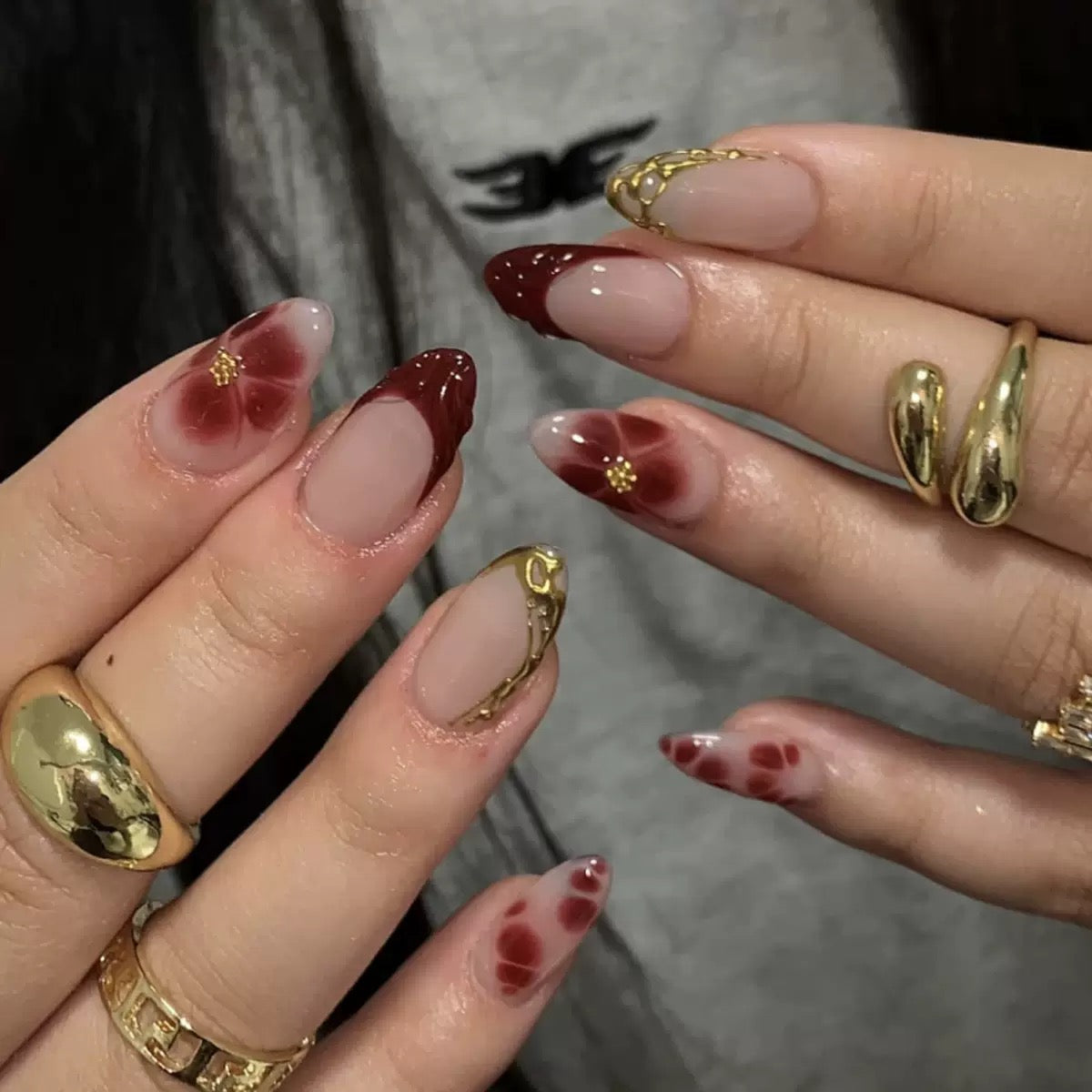 French Brown 3D Petal Flower Short Almond Press-On Nails
