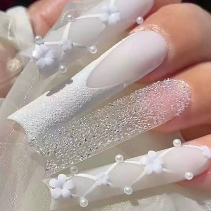 Bridal Atmosphere Long Press-On Nails with Pearls, Flowers, and Glitter