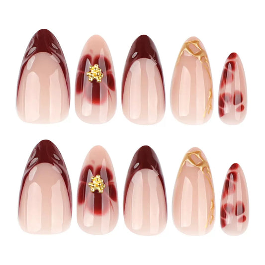 French Brown 3D Petal Flower Short Almond Press-On Nails