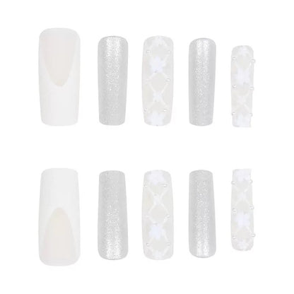Bridal Atmosphere Long Press-On Nails with Pearls, Flowers, and Glitter