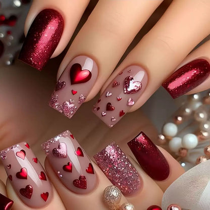 Valentine’s Day Heart Red Medium-Length European Square Fashion Press-On Nails