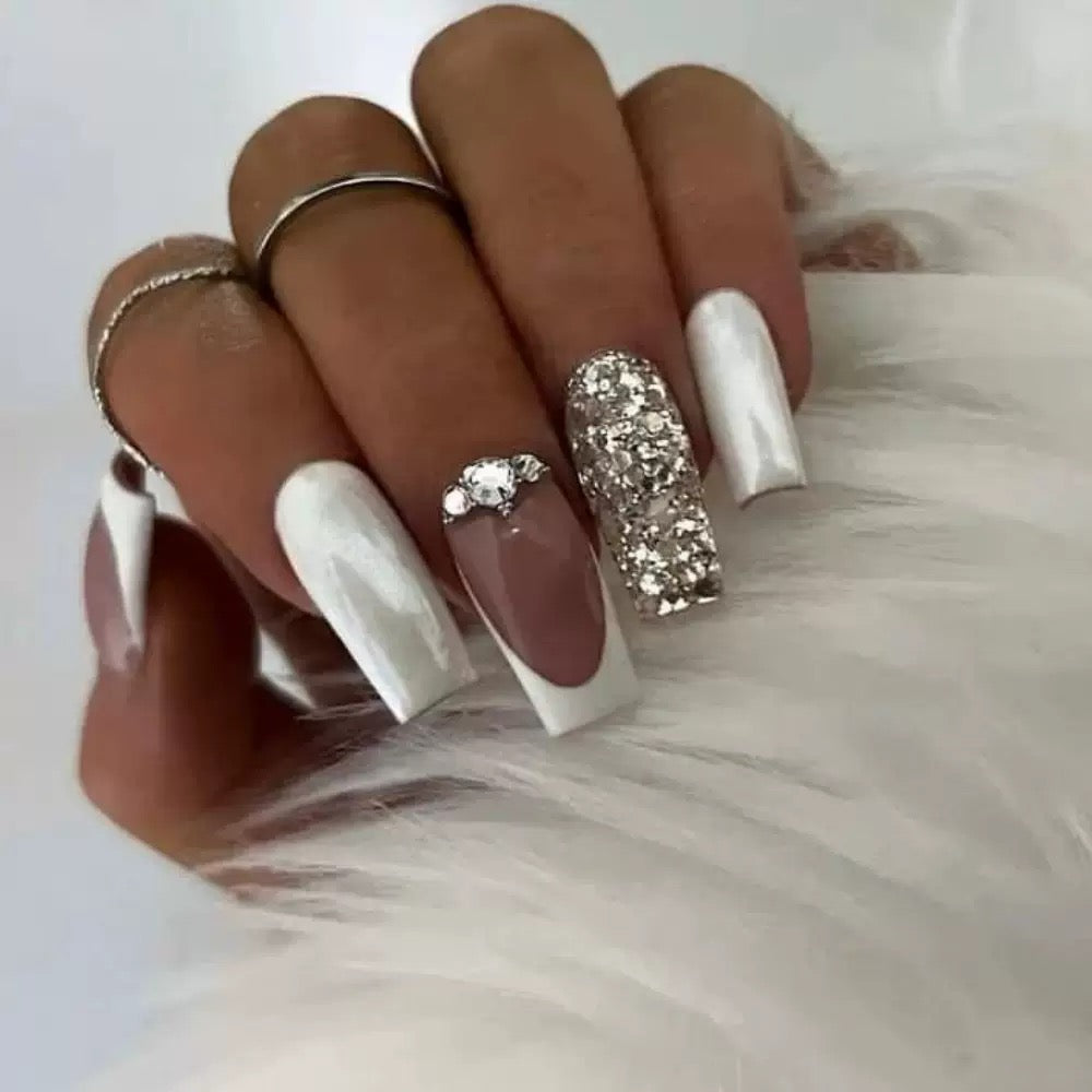 White-Tip French Press-On Nails with Silver Rhinestone Embellishments, Luxurious, Elegant, and High-End Press-On Nail Set