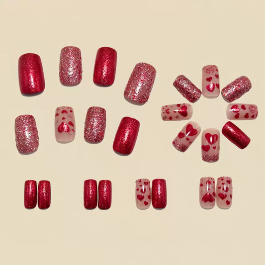 Valentine’s Day Heart Red Medium-Length European Square Fashion Press-On Nails