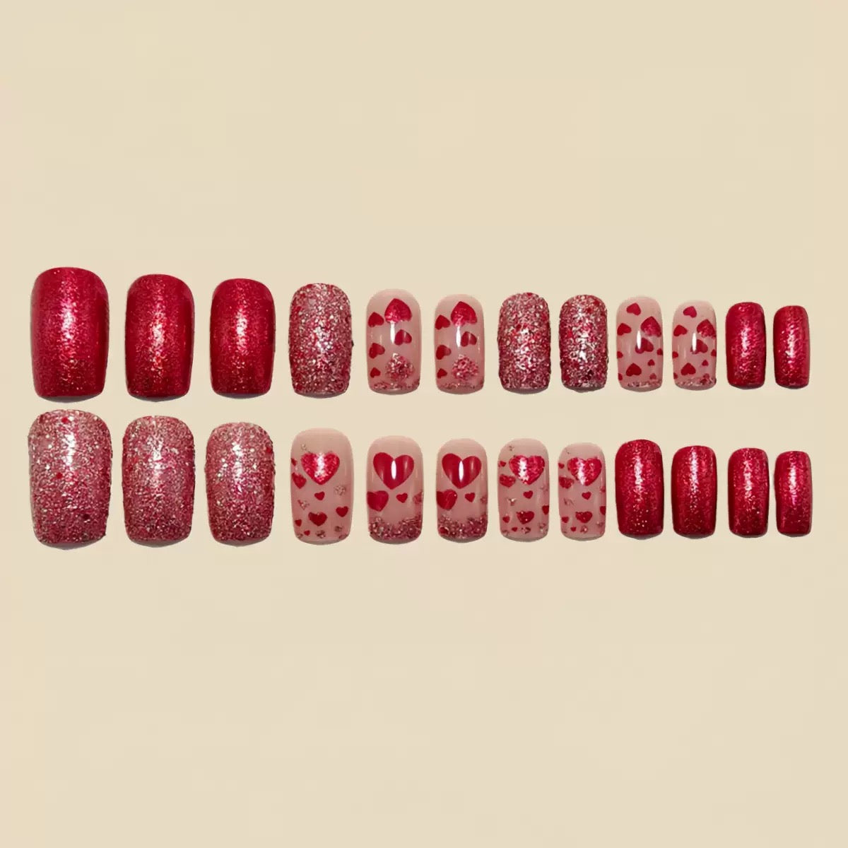 Valentine’s Day Heart Red Medium-Length European Square Fashion Press-On Nails