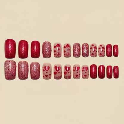 Valentine’s Day Heart Red Medium-Length European Square Fashion Press-On Nails