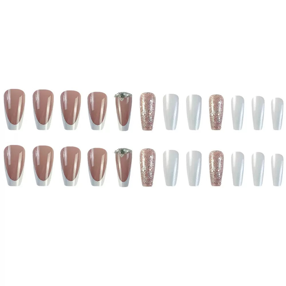 White-Tip French Press-On Nails with Silver Rhinestone Embellishments, Luxurious, Elegant, and High-End Press-On Nail Set