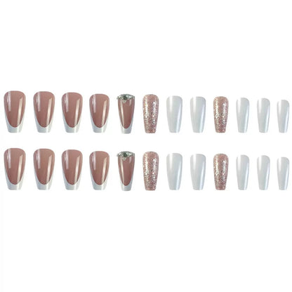 White-Tip French Press-On Nails with Silver Rhinestone Embellishments, Luxurious, Elegant, and High-End Press-On Nail Set