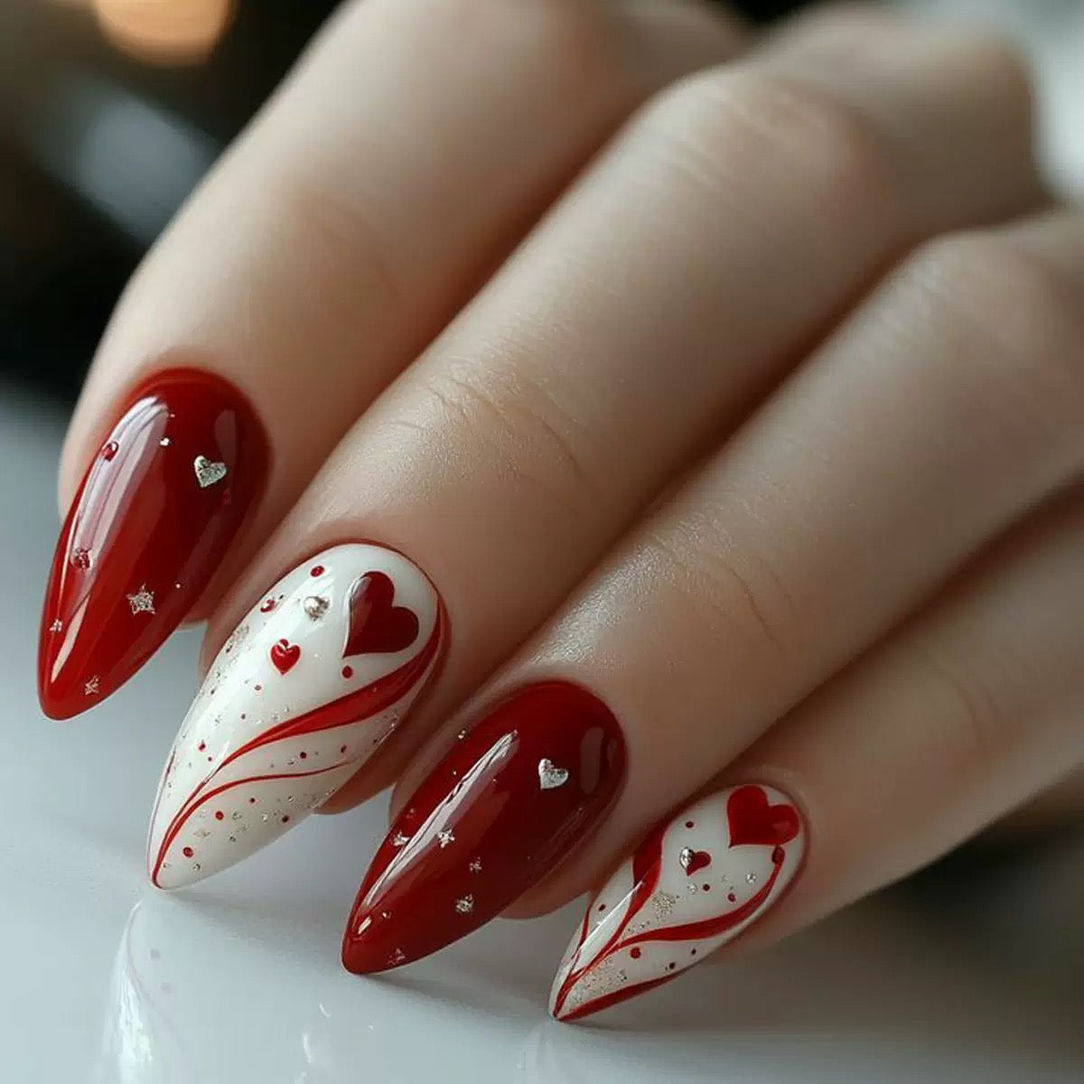 Valentine’s Day Hot-Selling Almond Press-On Nails – Red Glitter Heart with Irregular Stripe Design