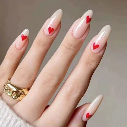 White & Black Small Heart Almond Press-On Nails, Minimalist Everyday European Style Reusable False Nails
