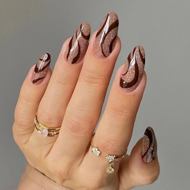 Gold Glitter Wave Nail Tips Press-On Nails