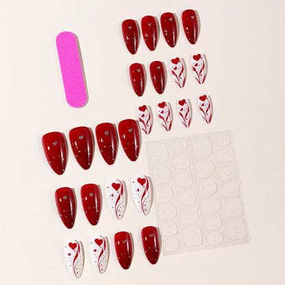 Valentine’s Day Hot-Selling Almond Press-On Nails – Red Glitter Heart with Irregular Stripe Design