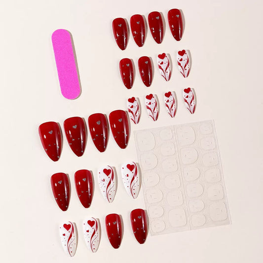 Valentine’s Day Hot-Selling Almond Press-On Nails – Red Glitter Heart with Irregular Stripe Design