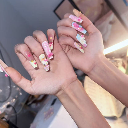 Dopamine Colorful Cute 3D KT Star Bow Press-On Nails – Colorful Girly Kitty Cat Design