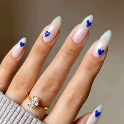 White & Black Small Heart Almond Press-On Nails, Minimalist Everyday European Style Reusable False Nails