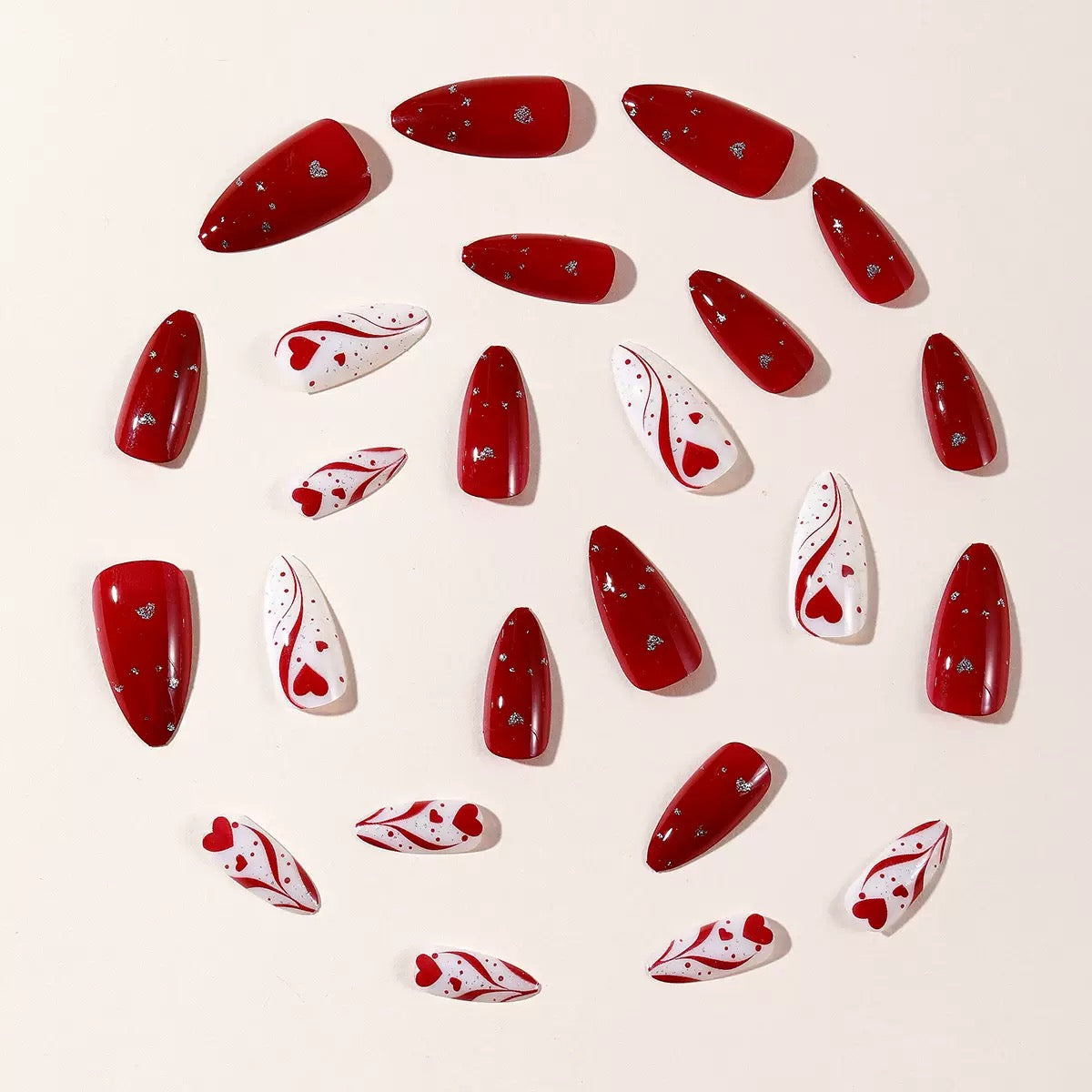 Valentine’s Day Hot-Selling Almond Press-On Nails – Red Glitter Heart with Irregular Stripe Design