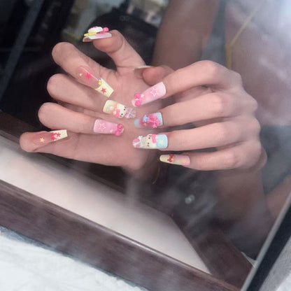 Dopamine Colorful Cute 3D KT Star Bow Press-On Nails – Colorful Girly Kitty Cat Design