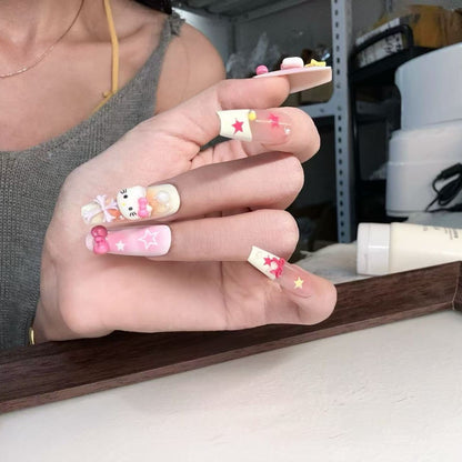 Dopamine Colorful Cute 3D KT Star Bow Press-On Nails – Colorful Girly Kitty Cat Design