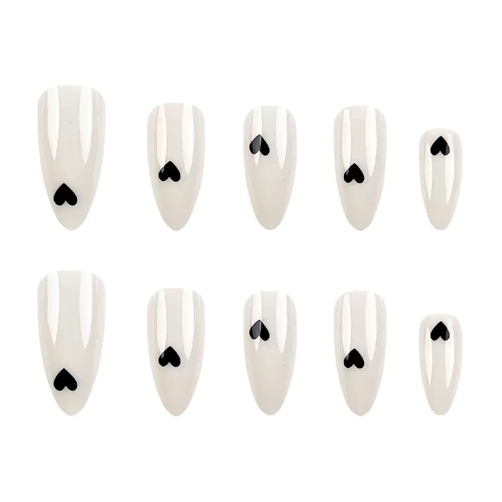 White & Black Small Heart Almond Press-On Nails, Minimalist Everyday European Style Reusable False Nails
