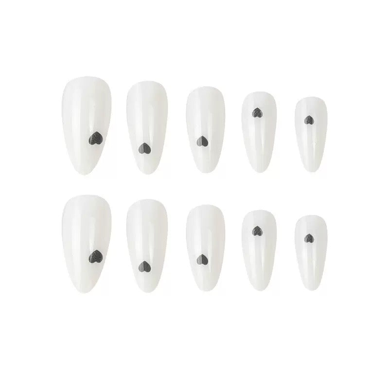 White & Black Small Heart Almond Press-On Nails, Minimalist Everyday European Style Reusable False Nails