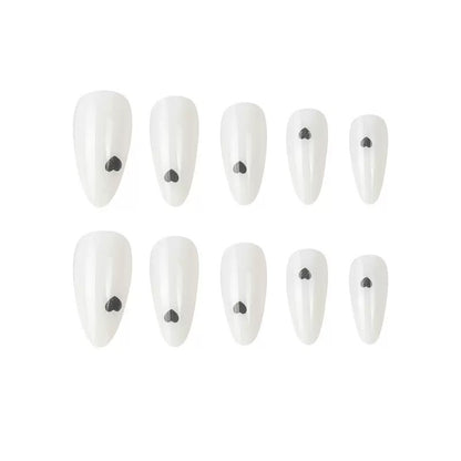 White & Black Small Heart Almond Press-On Nails, Minimalist Everyday European Style Reusable False Nails