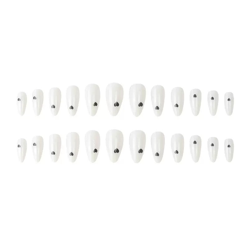 White & Black Small Heart Almond Press-On Nails, Minimalist Everyday European Style Reusable False Nails