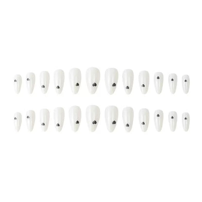 White & Black Small Heart Almond Press-On Nails, Minimalist Everyday European Style Reusable False Nails