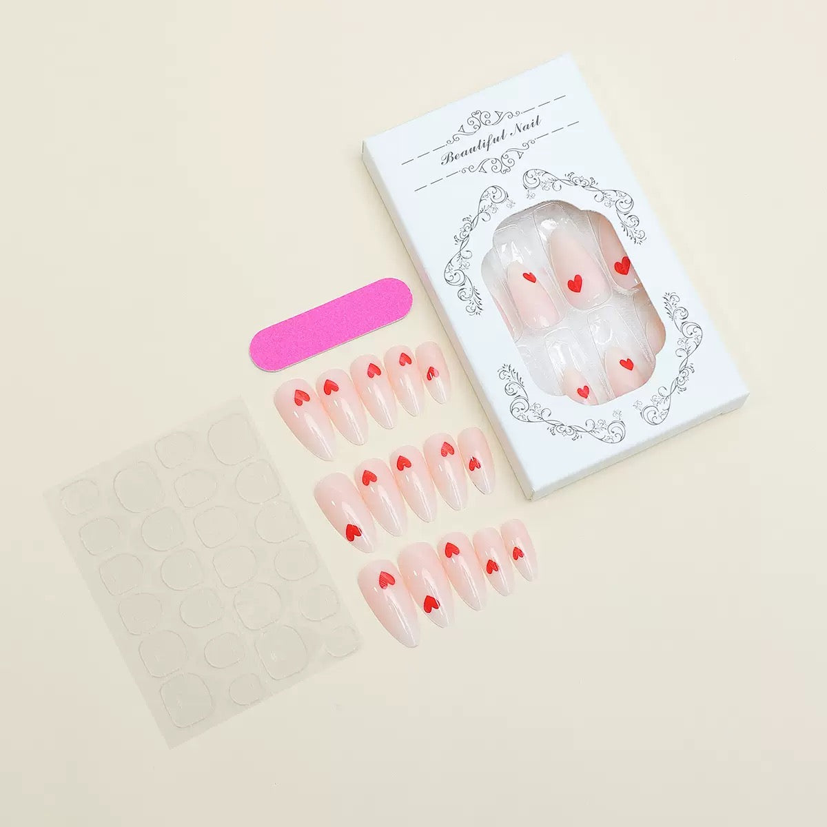 White & Black Small Heart Almond Press-On Nails, Minimalist Everyday European Style Reusable False Nails