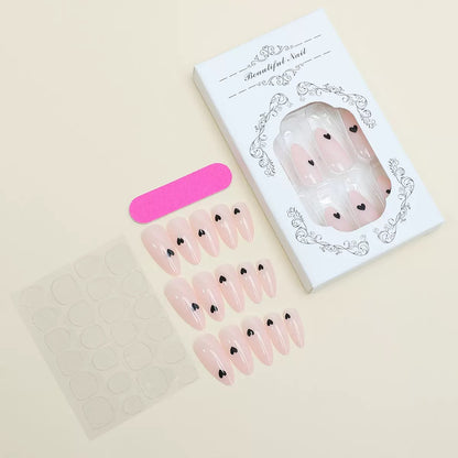 White & Black Small Heart Almond Press-On Nails, Minimalist Everyday European Style Reusable False Nails