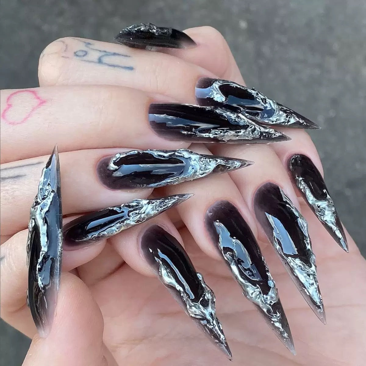 Dark Goth Girly Long Stiletto Silver Foil Press-On Nails
