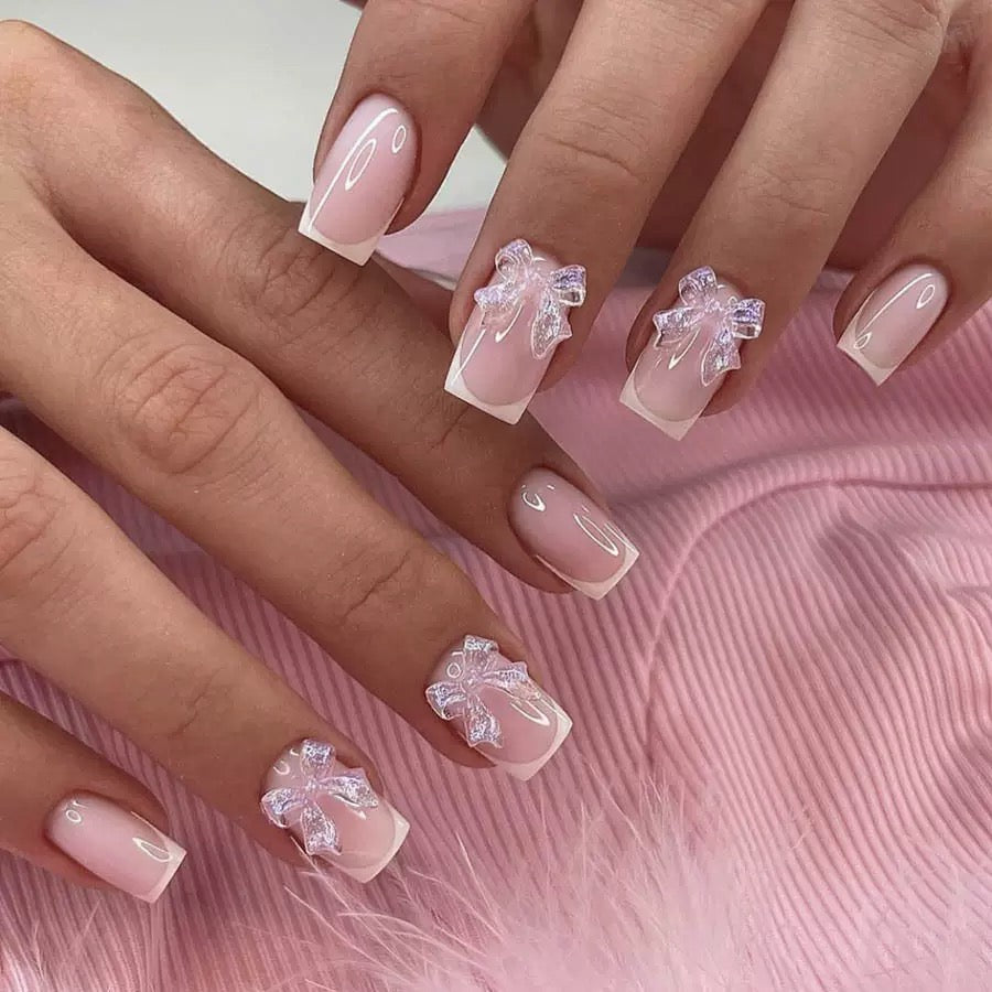 White French Press-On Nails with Pure, Icy-Transparent Look and Light Pink Bow — Square Shape Press-On Nail Set