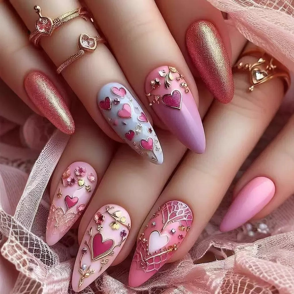 Valentine’s Day Shiny Multicolor Gold Heart Totem with Gold-Edged Sweet Flower Almond Press-On Nails