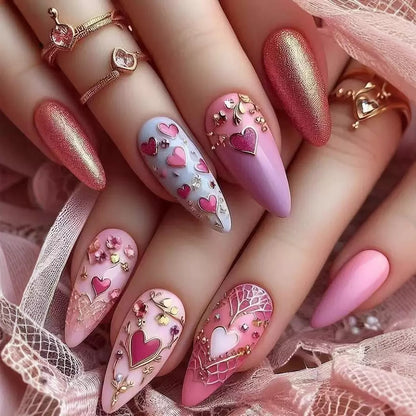 Valentine’s Day Shiny Multicolor Gold Heart Totem with Gold-Edged Sweet Flower Almond Press-On Nails