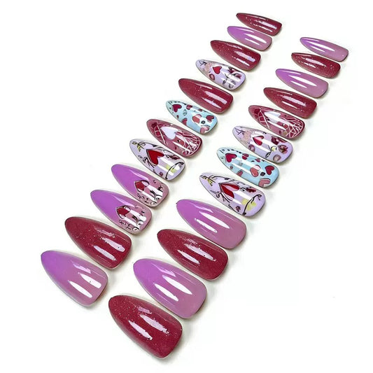 Valentine’s Day Shiny Multicolor Gold Heart Totem with Gold-Edged Sweet Flower Almond Press-On Nails