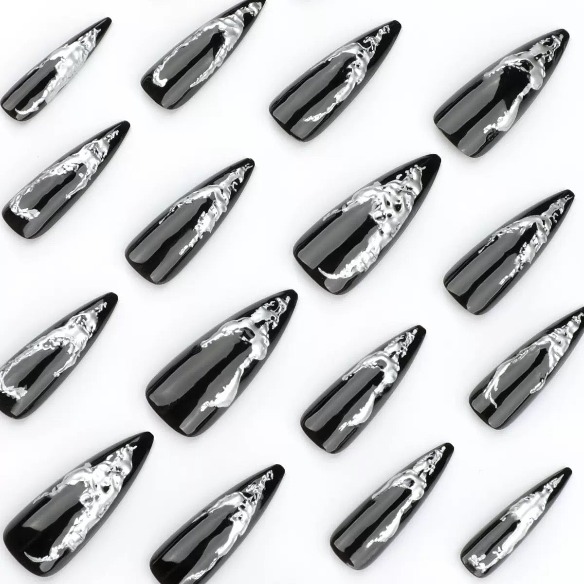 Dark Goth Girly Long Stiletto Silver Foil Press-On Nails