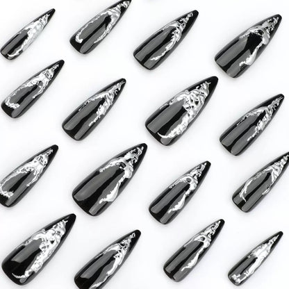 Dark Goth Girly Long Stiletto Silver Foil Press-On Nails