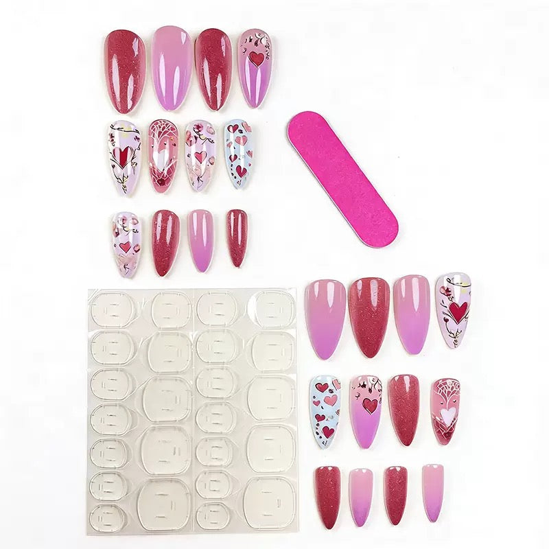 Valentine’s Day Shiny Multicolor Gold Heart Totem with Gold-Edged Sweet Flower Almond Press-On Nails
