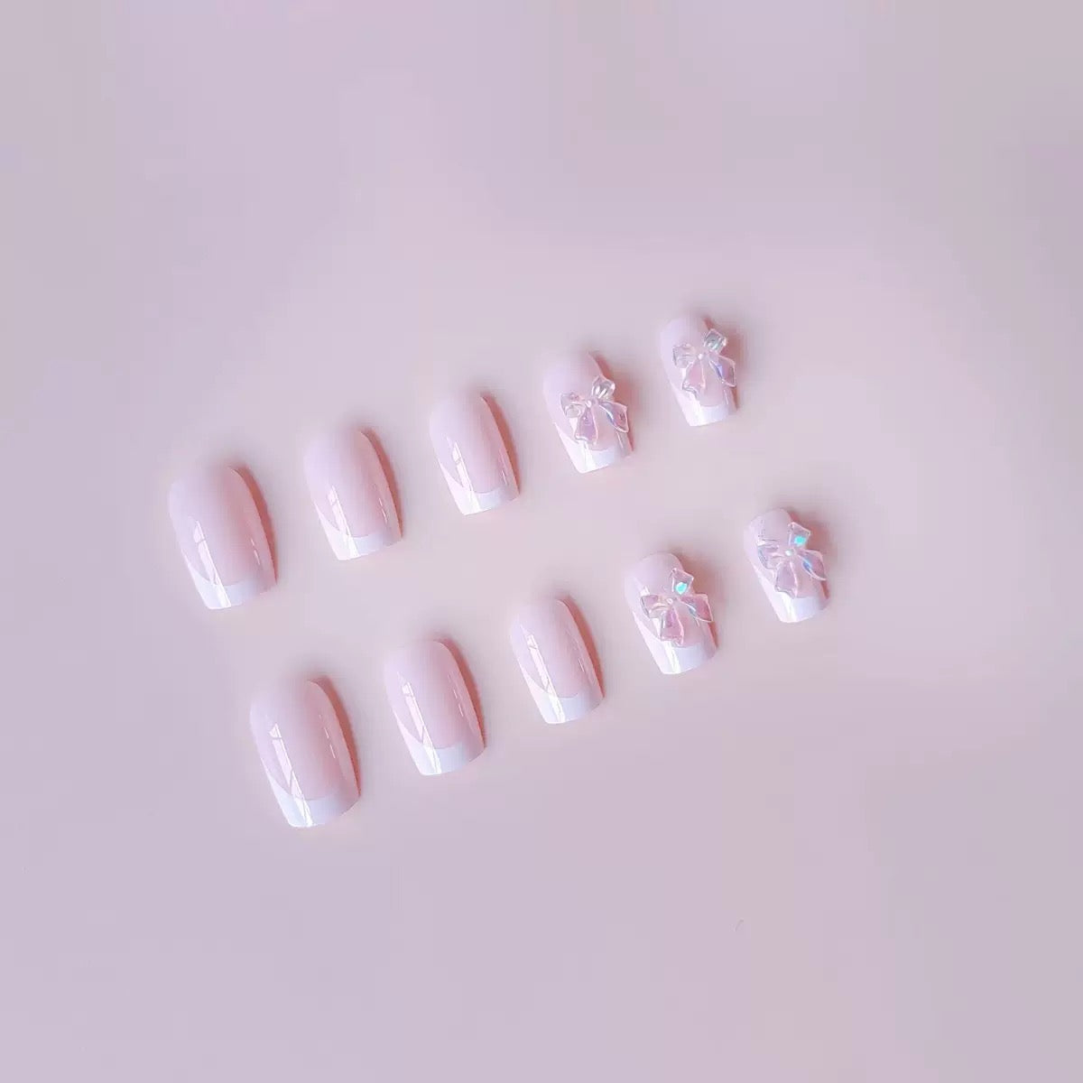 White French Press-On Nails with Pure, Icy-Transparent Look and Light Pink Bow — Square Shape Press-On Nail Set