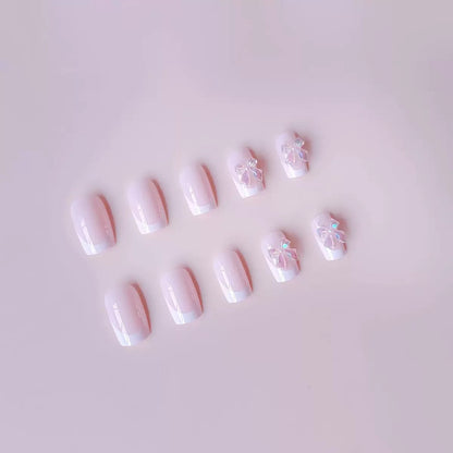 White French Press-On Nails with Pure, Icy-Transparent Look and Light Pink Bow — Square Shape Press-On Nail Set