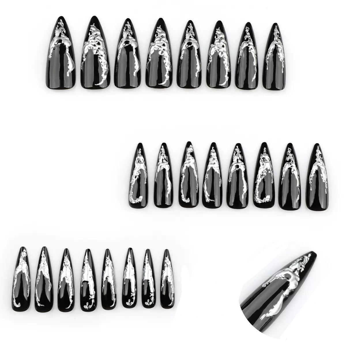 Dark Goth Girly Long Stiletto Silver Foil Press-On Nails